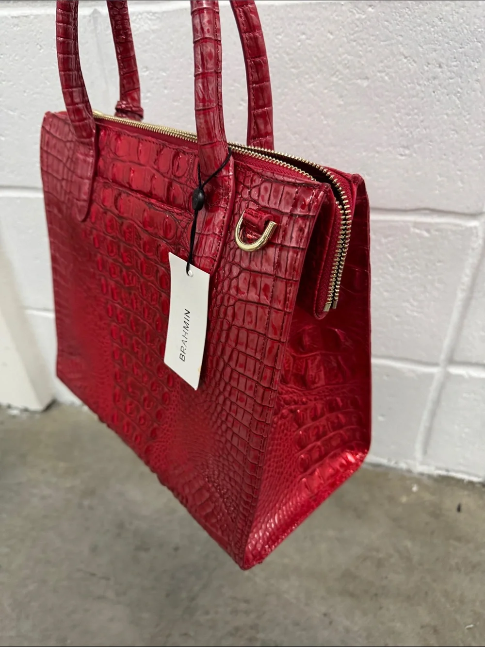 Brahmin “Caroline Heartbreaker” Red Croc-Embossed Leather Satchel